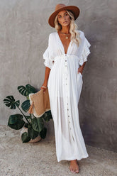 White Cover-ups Bikini Cover up Kaftan Women Long Maxi Dress Solid V neck Ladies Holiday Dress Ins street